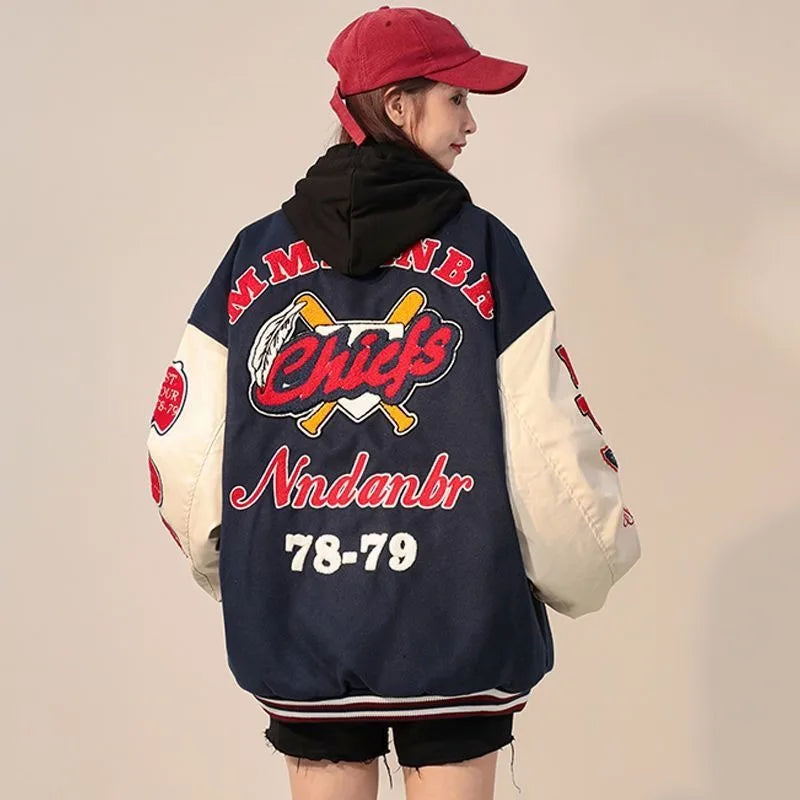 American Retro Letter Flocking Embroidered Baseball Uniform Female Y2K Punk Street Motorcycle Harajuku Wind Student Loose Coats