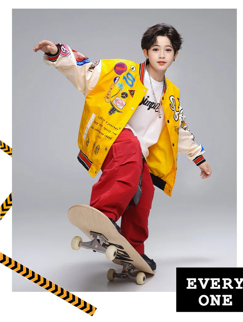 Kid Hip Hop Clothing Yellow Print Baseball Jacket Casual Ruched Red Pants Denim Jeans for Girl Boy Jazz Dance Costumes Clothes