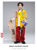 Kid Hip Hop Clothing Yellow Print Baseball Jacket Casual Ruched Red Pants Denim Jeans for Girl Boy Jazz Dance Costumes Clothes