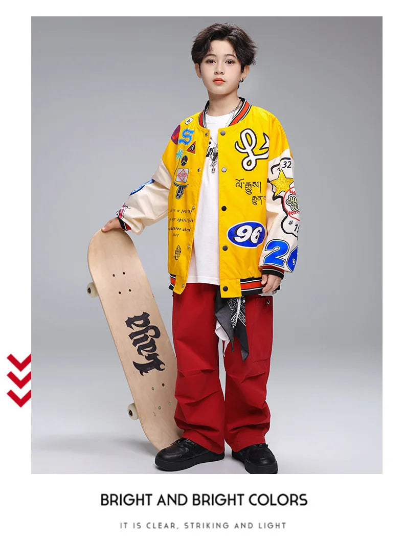 Kid Hip Hop Clothing Yellow Print Baseball Jacket Casual Ruched Red Pants Denim Jeans for Girl Boy Jazz Dance Costumes Clothes