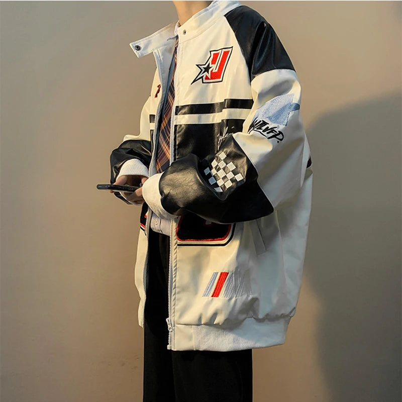Autumn Men's Biker Jacket High Street Fashion Motorcycle Leather Jacket Male Anti-wind New Embroiderey Zipper Jacket Outwear Top