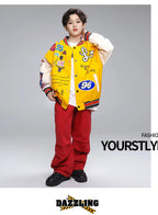 Kid Hip Hop Clothing Yellow Print Baseball Jacket Casual Ruched Red Pants Denim Jeans for Girl Boy Jazz Dance Costumes Clothes
