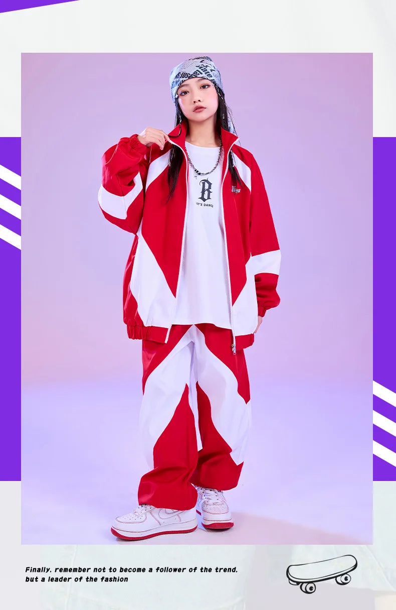 Kid Hip Hop Clothing Red White Color Block Windbreaker Jacket Casual Jogger Pants for Girl Boy Jazz Dance Wear Costumes Clothes