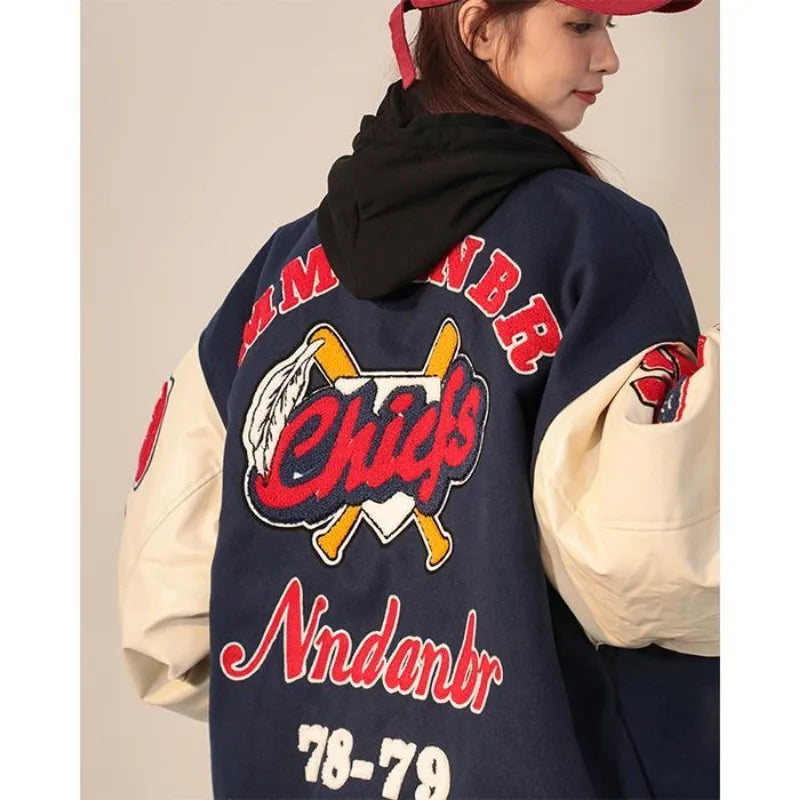American Retro Letter Flocking Embroidered Baseball Uniform Female Y2K Punk Street Motorcycle Harajuku Wind Student Loose Coats