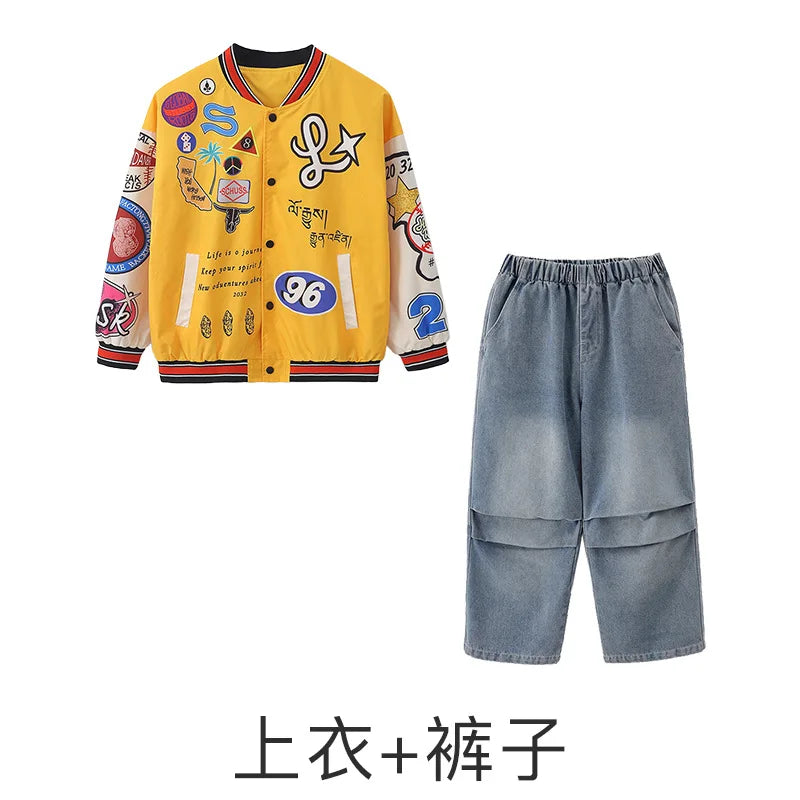 Kid Hip Hop Clothing Yellow Print Baseball Jacket Casual Ruched Red Pants Denim Jeans for Girl Boy Jazz Dance Costumes Clothes