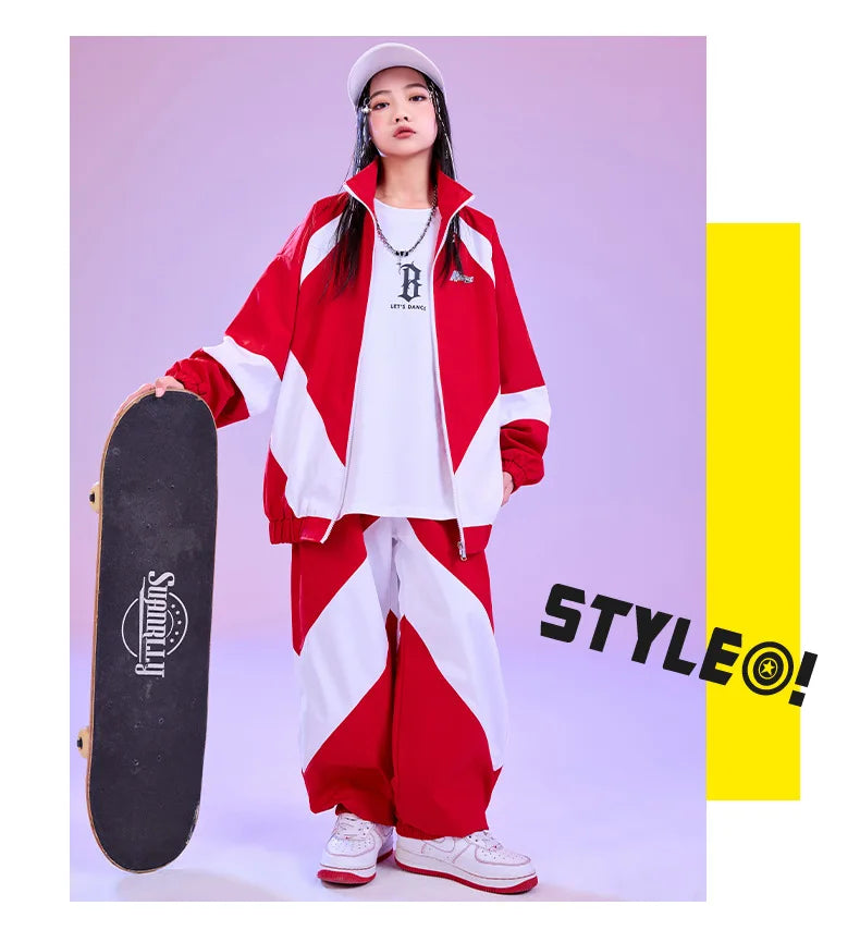 Kid Hip Hop Clothing Red White Color Block Windbreaker Jacket Casual Jogger Pants for Girl Boy Jazz Dance Wear Costumes Clothes