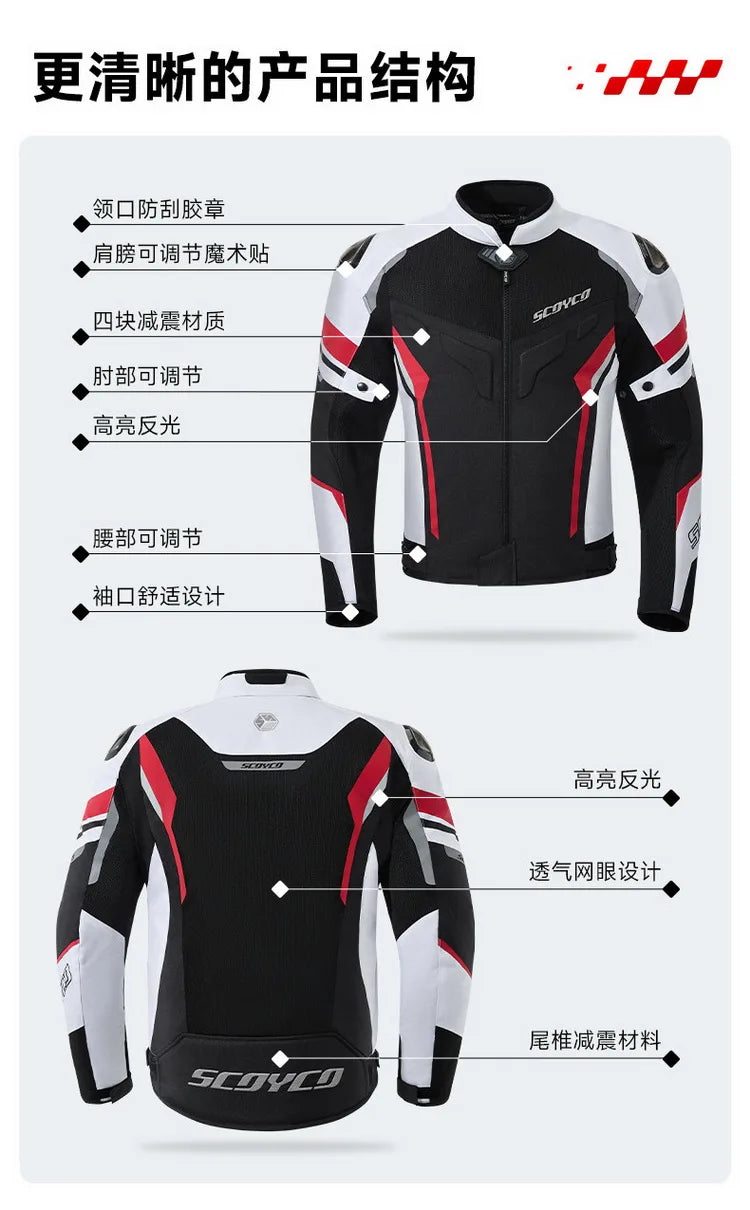 Men Spring Summer Breathable Mesh SCOYCO Motorcycle Riding Jacket Cycling Equipment Motorcyclist Clothing 600D Oxford CE Protect