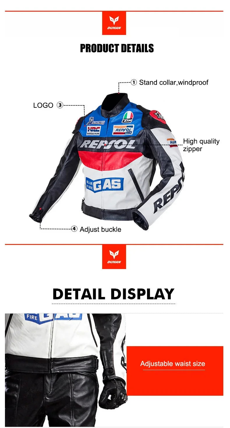 DUHAN Men's Motocross Motorcycle Jacket Moto Racing Jacket REPSOL PU Leather Motorbike Jackets Clothing Clothes Coat Windproof