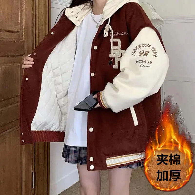 American Retro Letter Flocking Embroidered Baseball Uniform Female Y2K Punk Street Motorcycle Harajuku Wind Student Loose Coats