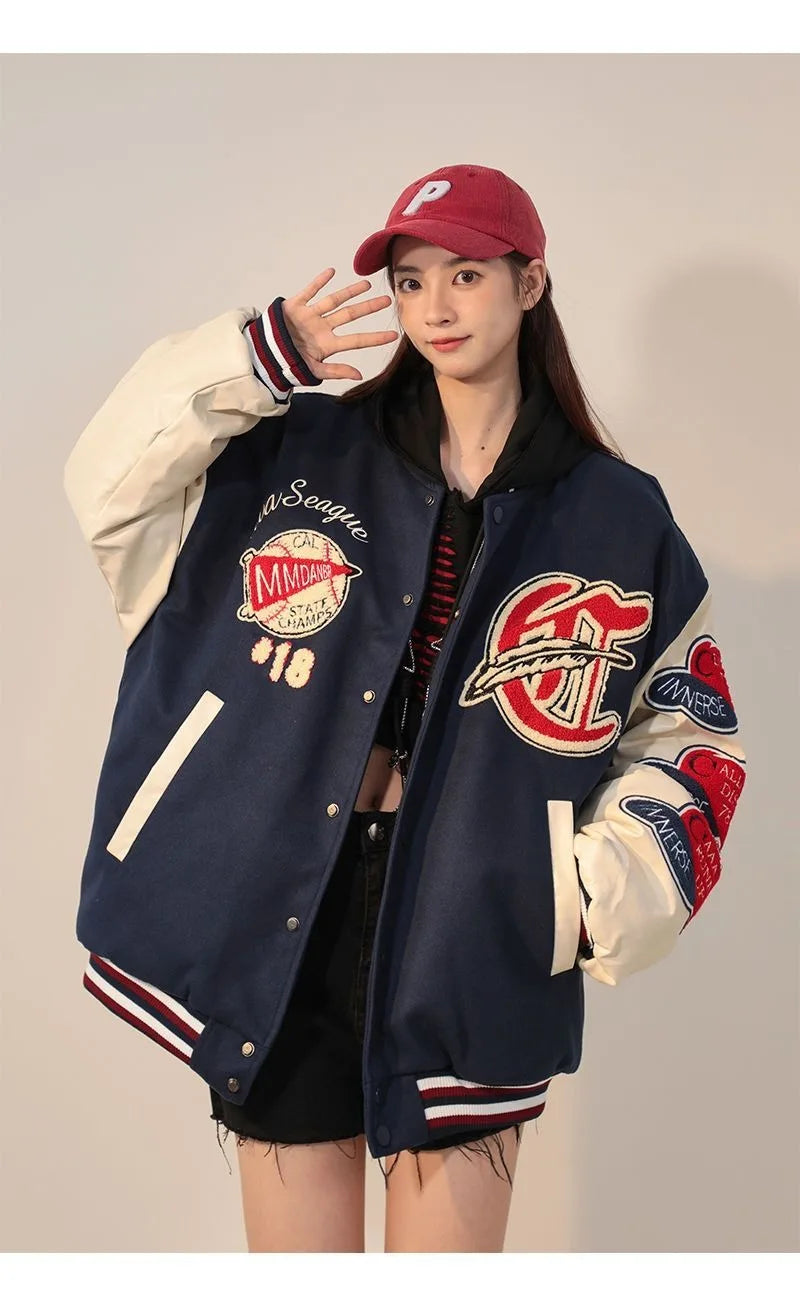 American Retro Letter Flocking Embroidered Baseball Uniform Female Y2K Punk Street Motorcycle Harajuku Wind Student Loose Coats