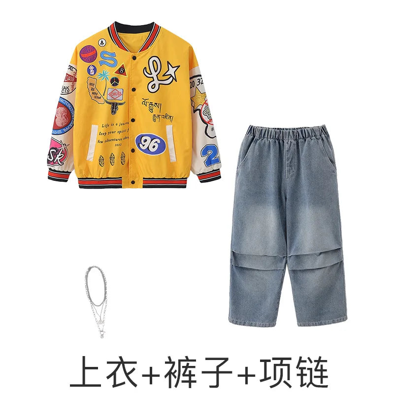 Kid Hip Hop Clothing Yellow Print Baseball Jacket Casual Ruched Red Pants Denim Jeans for Girl Boy Jazz Dance Costumes Clothes
