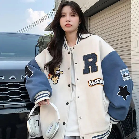 American Retro Letter Flocking Embroidered Baseball Uniform Female Y2K Punk Street Motorcycle Harajuku Wind Student Loose Coats