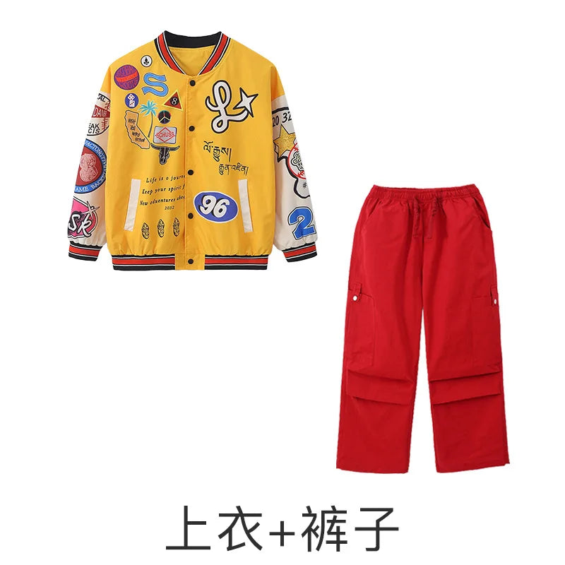 Kid Hip Hop Clothing Yellow Print Baseball Jacket Casual Ruched Red Pants Denim Jeans for Girl Boy Jazz Dance Costumes Clothes