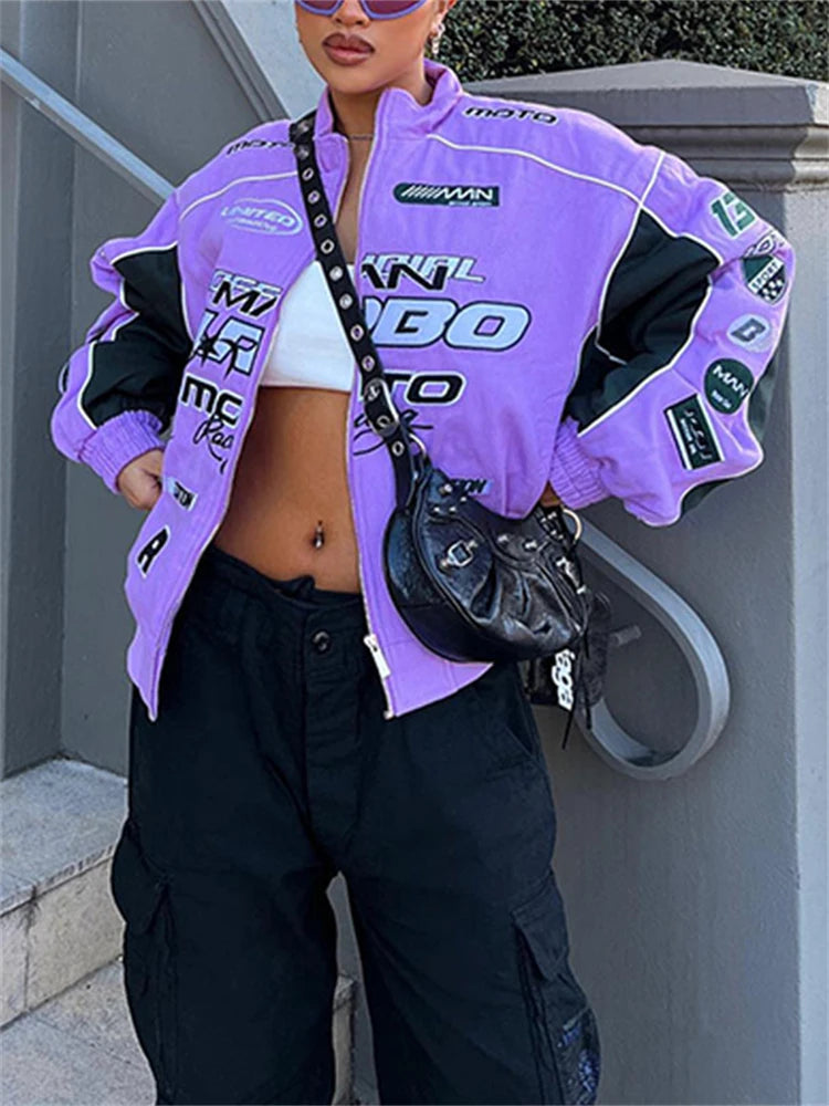 Autumn Casual Letter Print Jacket Women Hip Hop Purple Long Sleeve Zip Up Coat Streetwear Y2k Trend Outfit Loose Varsity Jackets