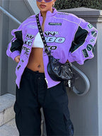 Autumn Casual Letter Print Jacket Women Hip Hop Purple Long Sleeve Zip Up Coat Streetwear Y2k Trend Outfit Loose Varsity Jackets