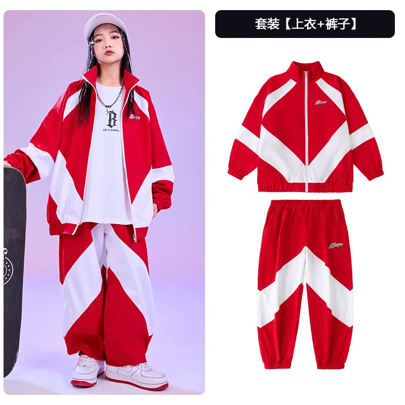 Kid Hip Hop Clothing Red White Color Block Windbreaker Jacket Casual Jogger Pants for Girl Boy Jazz Dance Wear Costumes Clothes