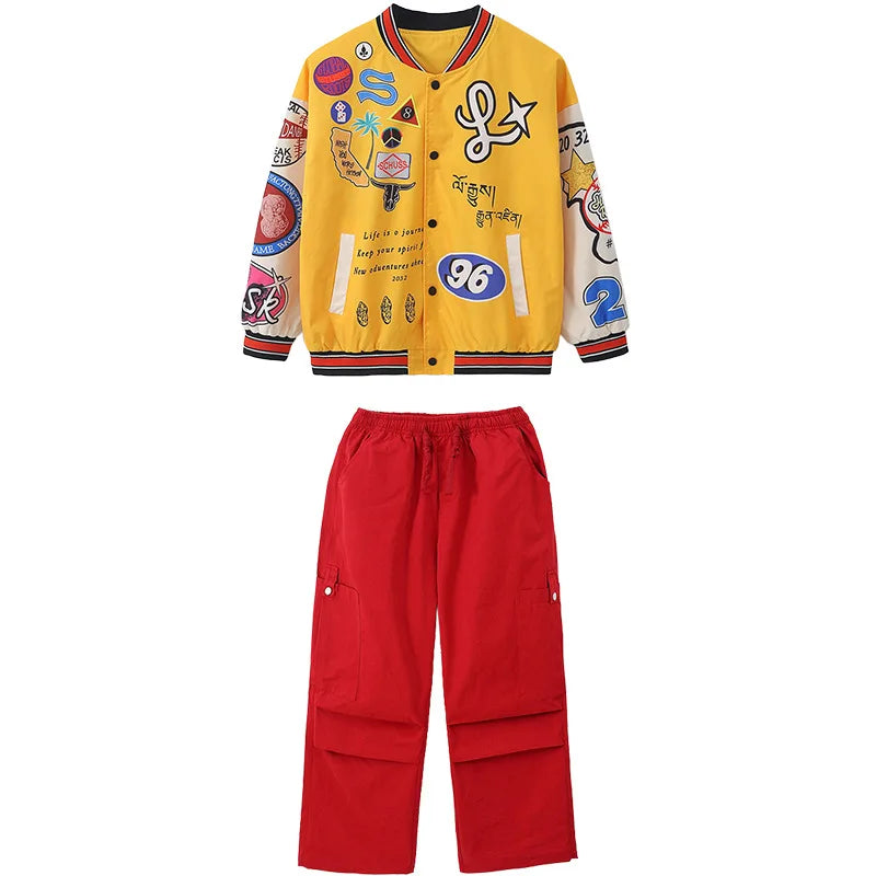Kid Hip Hop Clothing Yellow Print Baseball Jacket Casual Ruched Red Pants Denim Jeans for Girl Boy Jazz Dance Costumes Clothes