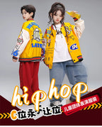 Kid Hip Hop Clothing Yellow Print Baseball Jacket Casual Ruched Red Pants Denim Jeans for Girl Boy Jazz Dance Costumes Clothes