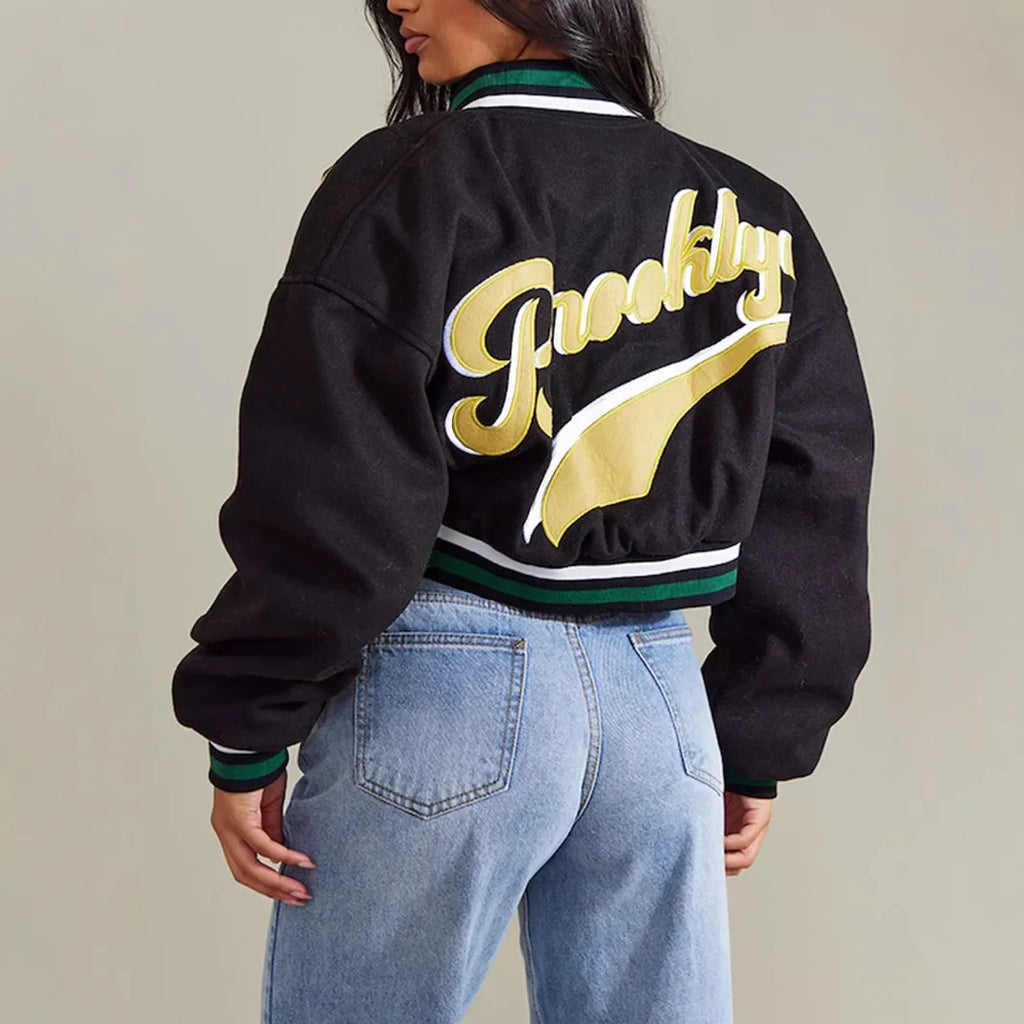 Retro Sport Letter Print Flight Jacket Women Short Casual Fashion Street Style Coat round Neck Full Sleeve Loose Fit Jacket