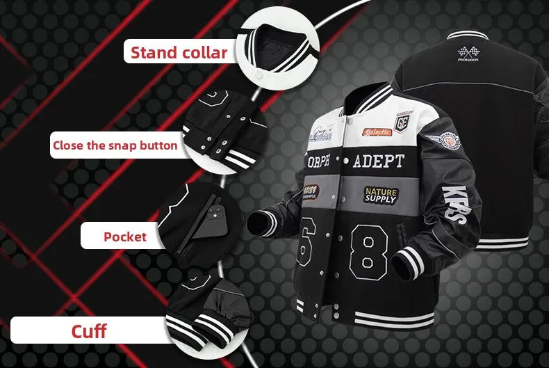 American Retro Racing Jacket Men's Biker Sleeve PU Leather Color Block Workwear Windproof Casual Loose Fit Long Sleeve Coat