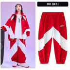 Kid Hip Hop Clothing Red White Color Block Windbreaker Jacket Casual Jogger Pants for Girl Boy Jazz Dance Wear Costumes Clothes