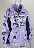 Autumn Casual Letter Print Jacket Women Hip Hop Purple Long Sleeve Zip Up Coat Streetwear Y2k Trend Outfit Loose Varsity Jackets