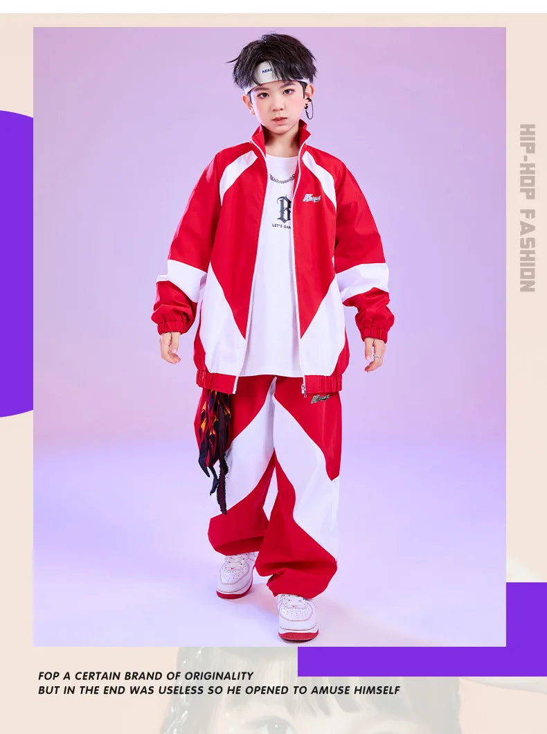 Kid Hip Hop Clothing Red White Color Block Windbreaker Jacket Casual Jogger Pants for Girl Boy Jazz Dance Wear Costumes Clothes