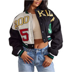 Retro Sport Letter Print Flight Jacket Women Short Casual Fashion Street Style Coat round Neck Full Sleeve Loose Fit Jacket