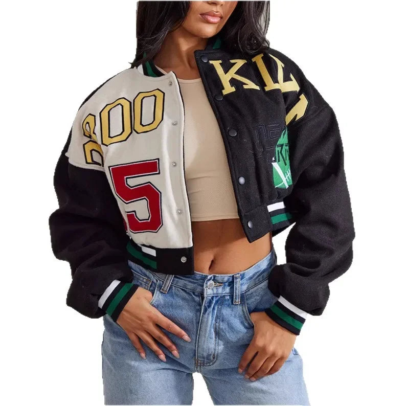 Retro Sport Letter Print Flight Jacket Women Short Casual Fashion Street Style Coat round Neck Full Sleeve Loose Fit Jacket