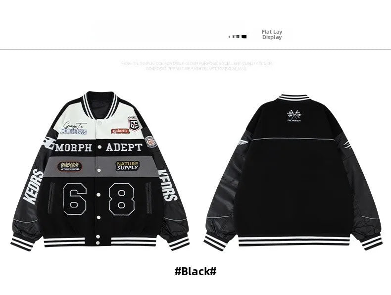 American Retro Racing Jacket Men's Biker Sleeve PU Leather Color Block Workwear Windproof Casual Loose Fit Long Sleeve Coat