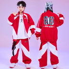 Kid Hip Hop Clothing Red White Color Block Windbreaker Jacket Casual Jogger Pants for Girl Boy Jazz Dance Wear Costumes Clothes