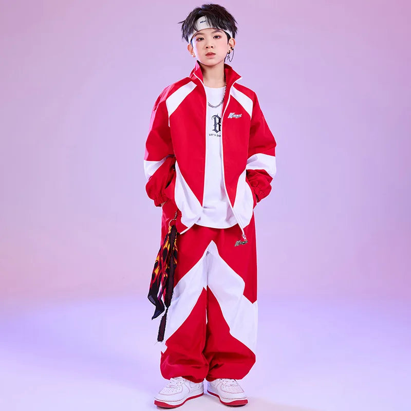 Kid Hip Hop Clothing Red White Color Block Windbreaker Jacket Casual Jogger Pants for Girl Boy Jazz Dance Wear Costumes Clothes