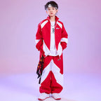 Kid Hip Hop Clothing Red White Color Block Windbreaker Jacket Casual Jogger Pants for Girl Boy Jazz Dance Wear Costumes Clothes