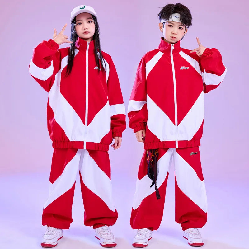 Kid Hip Hop Clothing Red White Color Block Windbreaker Jacket Casual Jogger Pants for Girl Boy Jazz Dance Wear Costumes Clothes