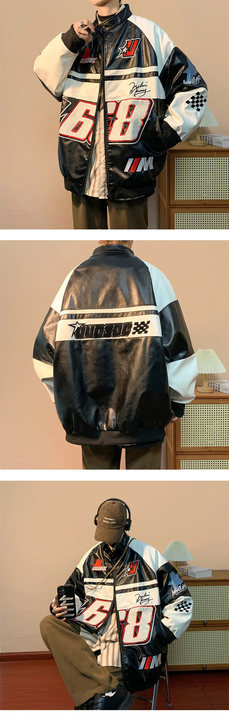 Autumn Men's Biker Jacket High Street Fashion Motorcycle Leather Jacket Male Anti-wind New Embroiderey Zipper Jacket Outwear Top