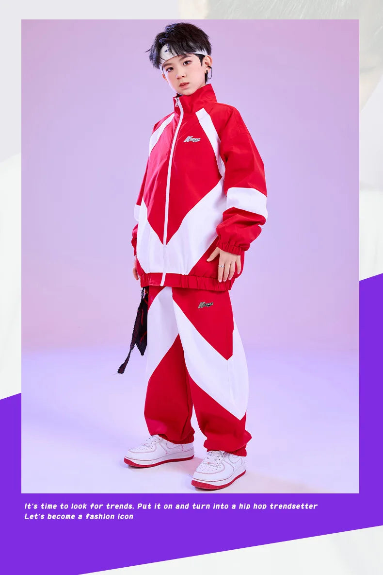 Kid Hip Hop Clothing Red White Color Block Windbreaker Jacket Casual Jogger Pants for Girl Boy Jazz Dance Wear Costumes Clothes