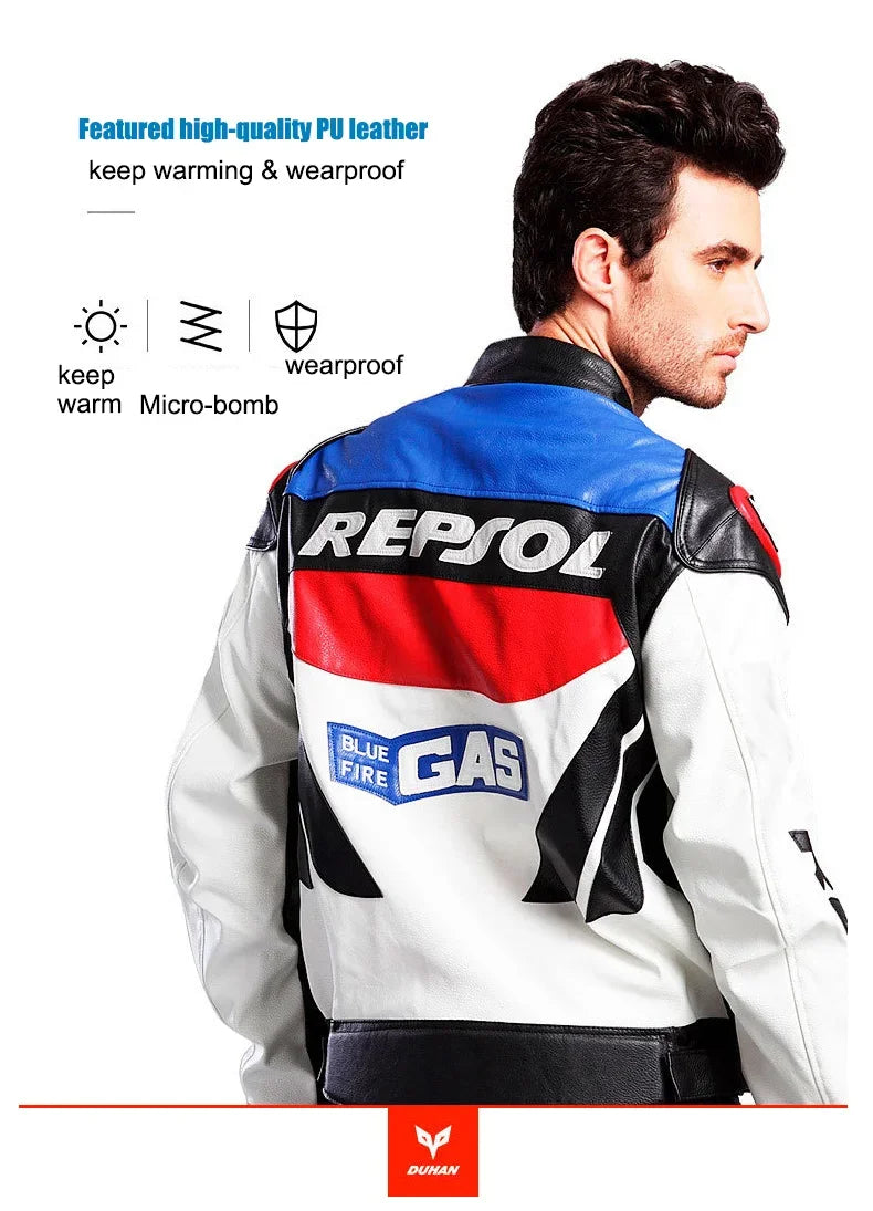 DUHAN Men's Motocross Motorcycle Jacket Moto Racing Jacket REPSOL PU Leather Motorbike Jackets Clothing Clothes Coat Windproof