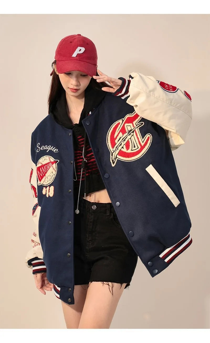 American Retro Letter Flocking Embroidered Baseball Uniform Female Y2K Punk Street Motorcycle Harajuku Wind Student Loose Coats