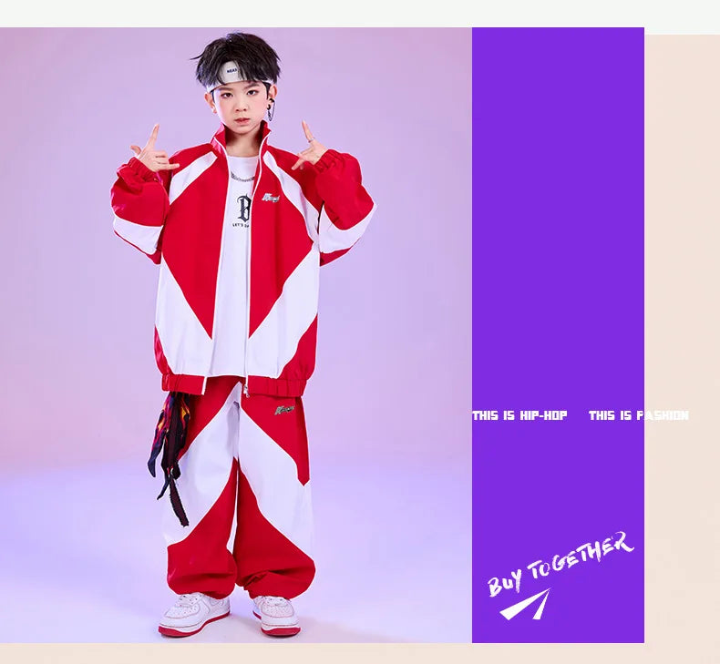 Kid Hip Hop Clothing Red White Color Block Windbreaker Jacket Casual Jogger Pants for Girl Boy Jazz Dance Wear Costumes Clothes