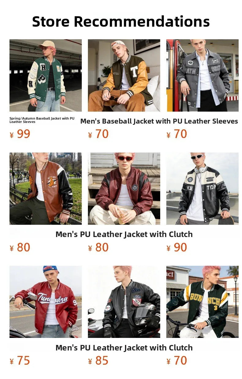 American Retro Racing Jacket Men's Biker Sleeve PU Leather Color Block Workwear Windproof Casual Loose Fit Long Sleeve Coat