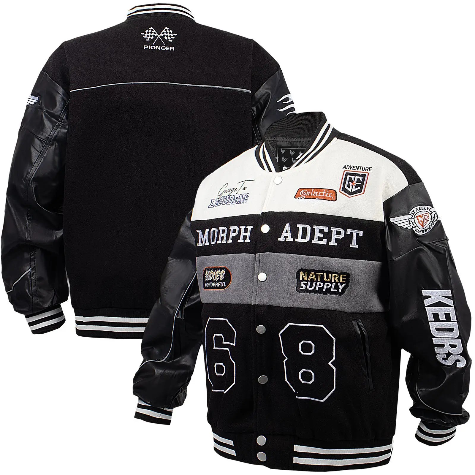 American Retro Racing Jacket Men's Biker Sleeve PU Leather Color Block Workwear Windproof Casual Loose Fit Long Sleeve Coat