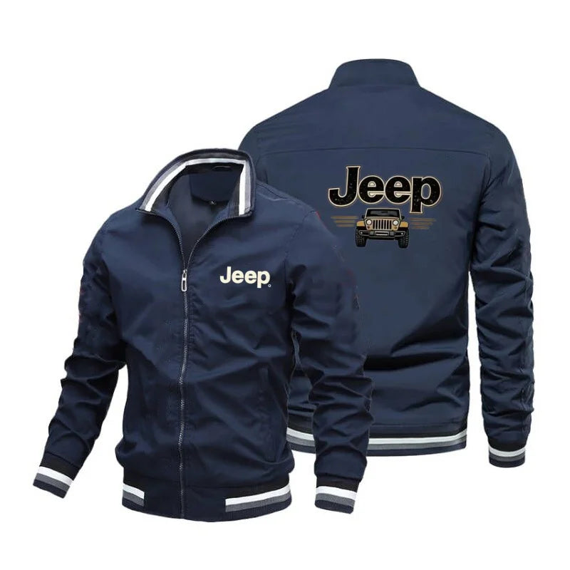 Men's Fashion Jeep Style Bomber Jacket Casual Striped Trim Zipper Up Windbreaker Streetwear Hip Hop Loose Fit Coat for Male