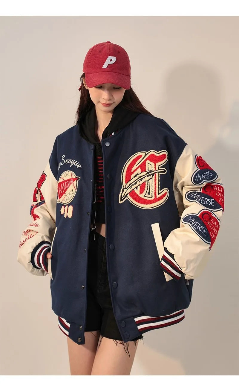American Retro Letter Flocking Embroidered Baseball Uniform Female Y2K Punk Street Motorcycle Harajuku Wind Student Loose Coats