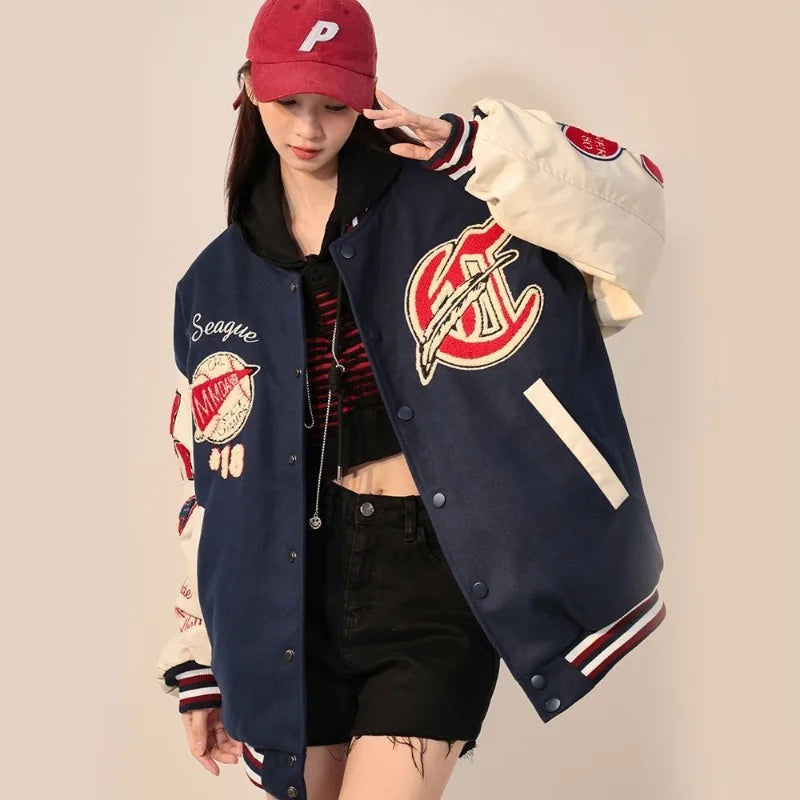 American Retro Letter Flocking Embroidered Baseball Uniform Female Y2K Punk Street Motorcycle Harajuku Wind Student Loose Coats