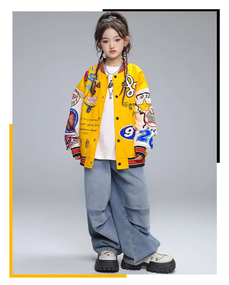 Kid Hip Hop Clothing Yellow Print Baseball Jacket Casual Ruched Red Pants Denim Jeans for Girl Boy Jazz Dance Costumes Clothes
