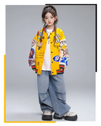 Kid Hip Hop Clothing Yellow Print Baseball Jacket Casual Ruched Red Pants Denim Jeans for Girl Boy Jazz Dance Costumes Clothes