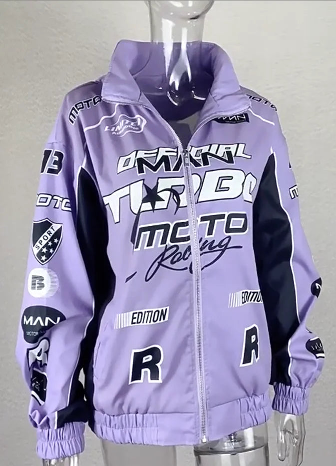 Autumn Casual Letter Print Jacket Women Hip Hop Purple Long Sleeve Zip Up Coat Streetwear Y2k Trend Outfit Loose Varsity Jackets