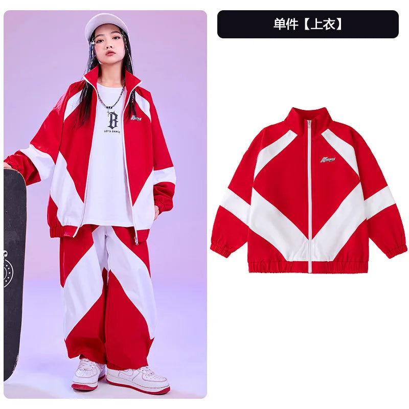 Kid Hip Hop Clothing Red White Color Block Windbreaker Jacket Casual Jogger Pants for Girl Boy Jazz Dance Wear Costumes Clothes