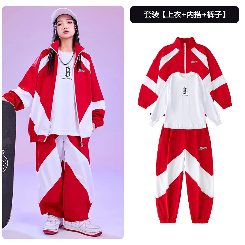 Kid Hip Hop Clothing Red White Color Block Windbreaker Jacket Casual Jogger Pants for Girl Boy Jazz Dance Wear Costumes Clothes