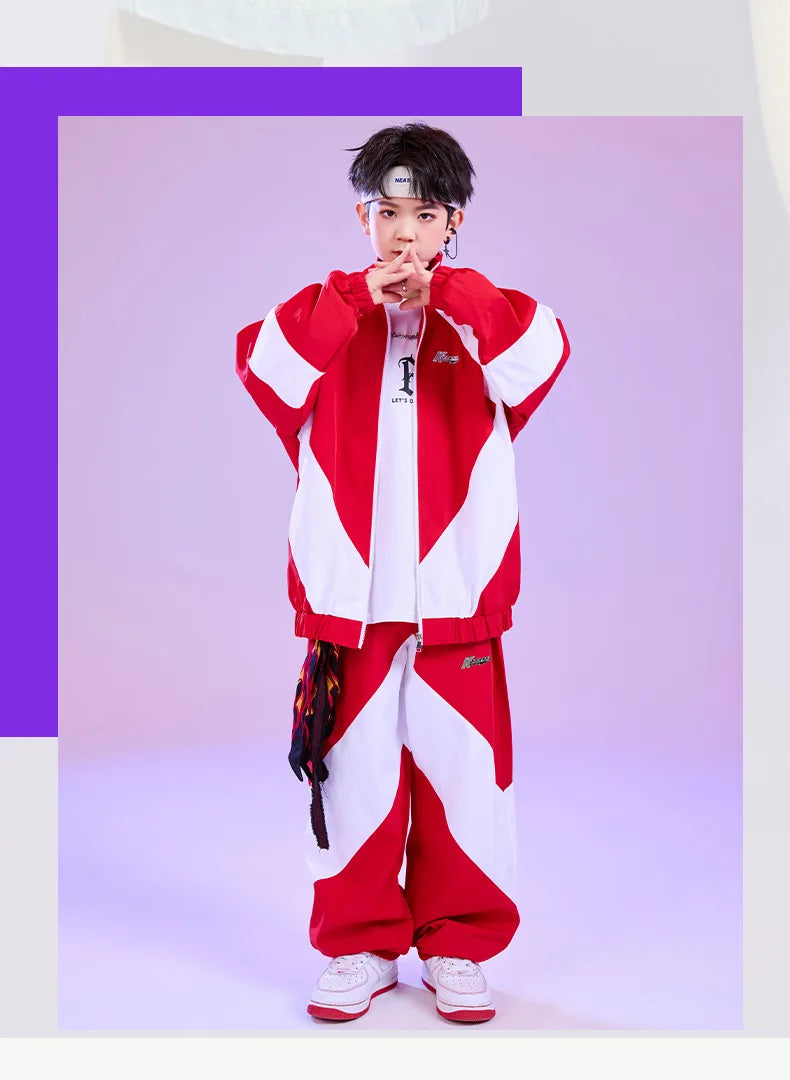 Kid Hip Hop Clothing Red White Color Block Windbreaker Jacket Casual Jogger Pants for Girl Boy Jazz Dance Wear Costumes Clothes
